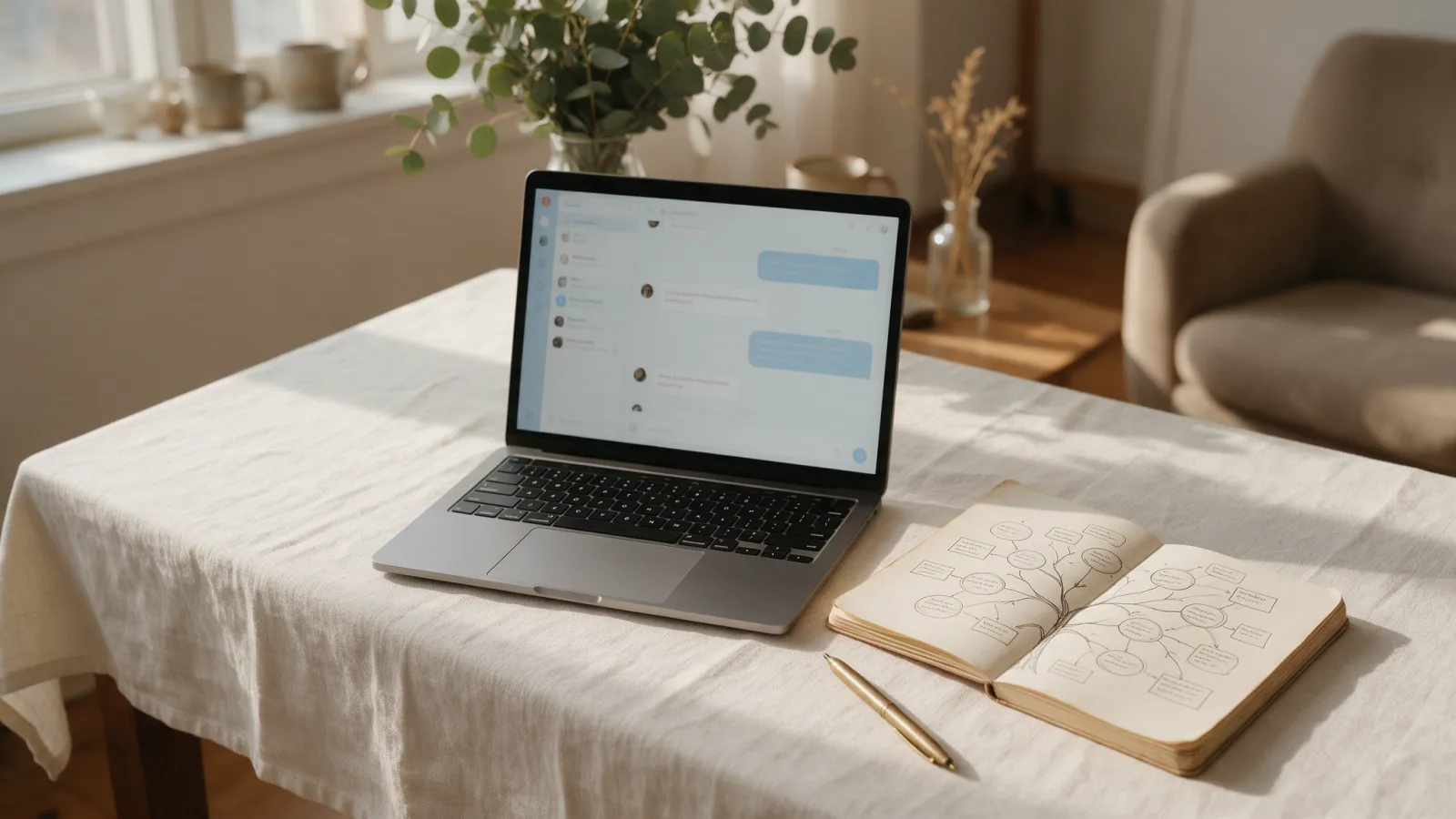 A laptop on an ivory linen table with a chat open, beside a notebook sketch of linked notes