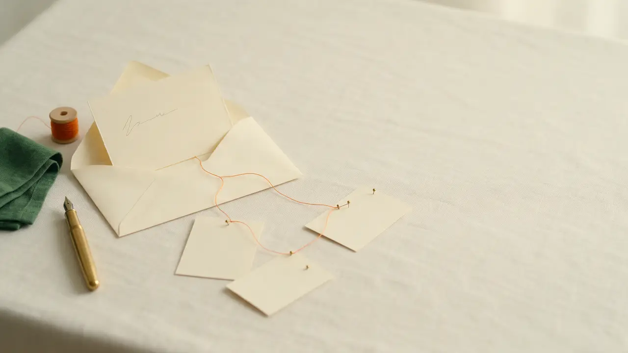 An open envelope on linen, with orange thread running from it to three small paper cards