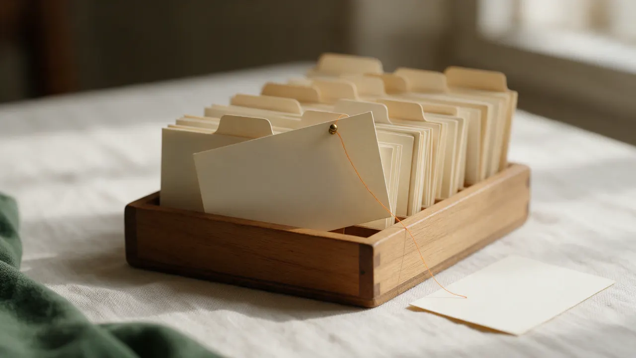 A small wooden card tray of cream index cards filed behind tabbed dividers, with one card lifted out and an orange thread running from its brass pin to a loose card on the linen