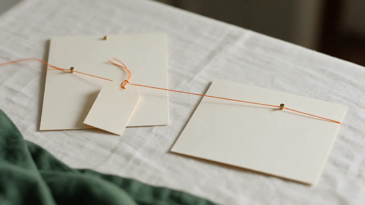 An orange thread runs between brass pins on two paper cards, with a small blank paper tag tied onto it near the first card
