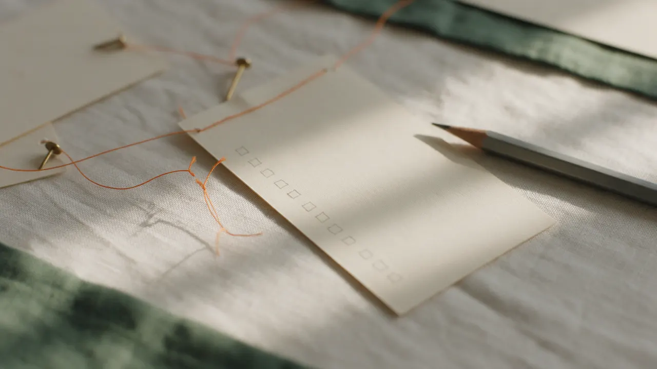 A paper card with a column of empty pencil-drawn check boxes next to a pencil, with pinned orange threads nearby and one thread snapped
