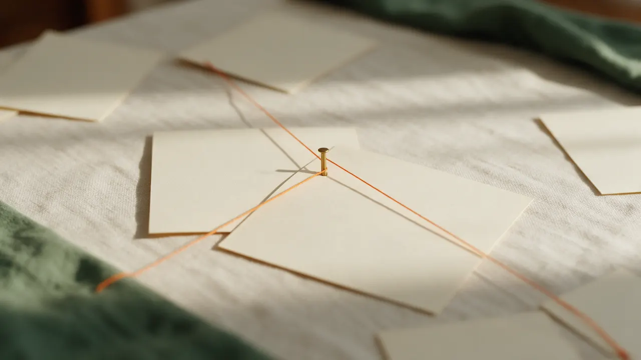 Two paper cards overlap on linen, both pulling their orange threads toward the one brass pin between them
