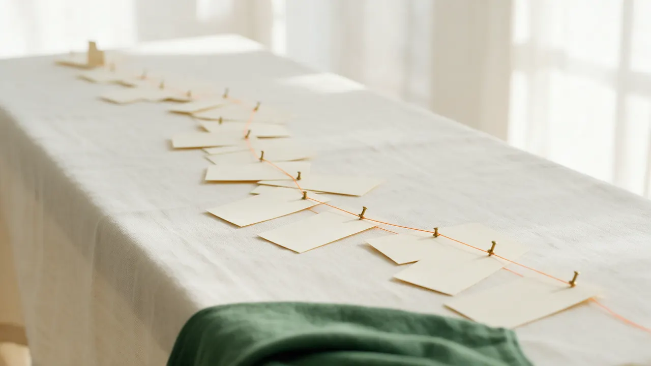 A long line of paper cards joined one to the next by orange thread, stretching down a linen-covered table until the last card is far away