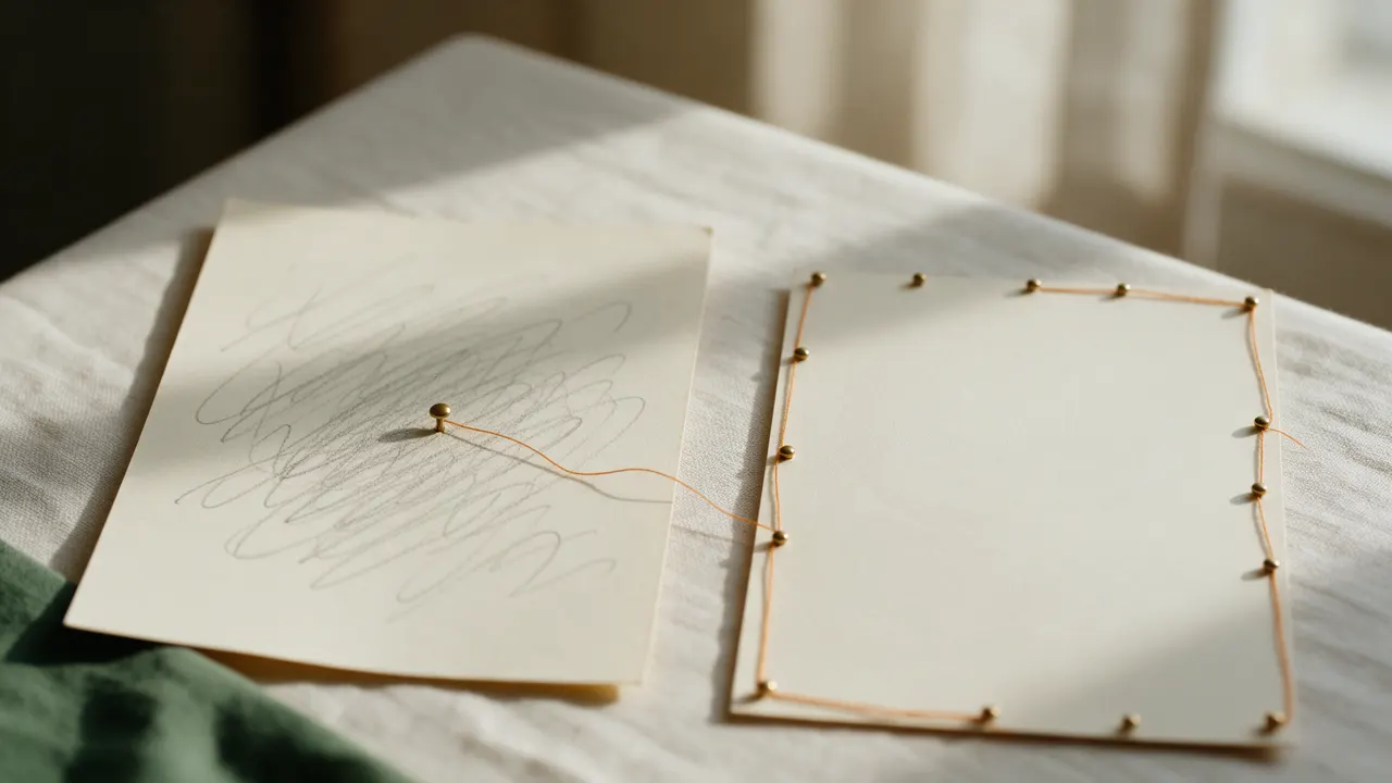 A card covered in grey pencil scribbles has an orange thread leaving from the middle of them, beside a blank card with thread pinned only around its edges