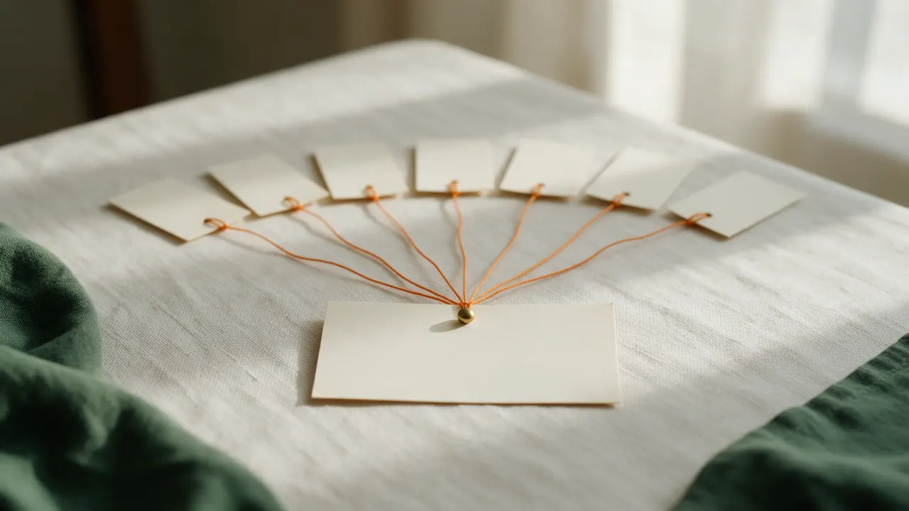 A row of seven identical blank paper tags, each tied with orange thread to the same single brass pin on one card