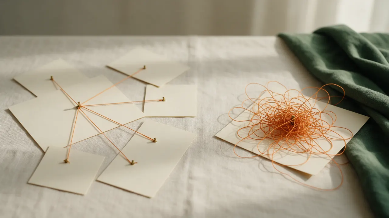 One paper card sends a handful of neat orange threads to nearby cards, while the card beside it is buried under a tangled nest of far too much thread