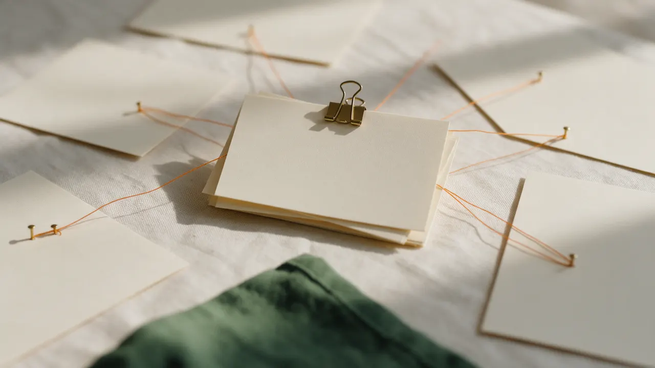 A small stack of paper cards held together by a brass binder clip, with orange threads from the surrounding cards leading to it