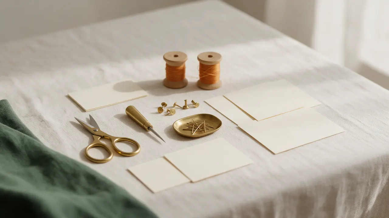 Brass scissors, an awl, a dish of pins and two spools of orange thread laid out in neat order beside blank paper cards