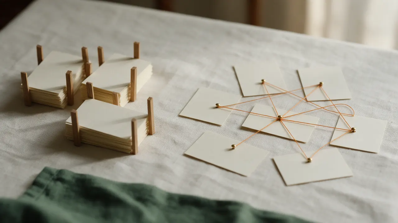 On the left, stacks of paper cards fenced apart by little wooden posts; on the right, a central card with orange threads running out to the cards around it and across between them