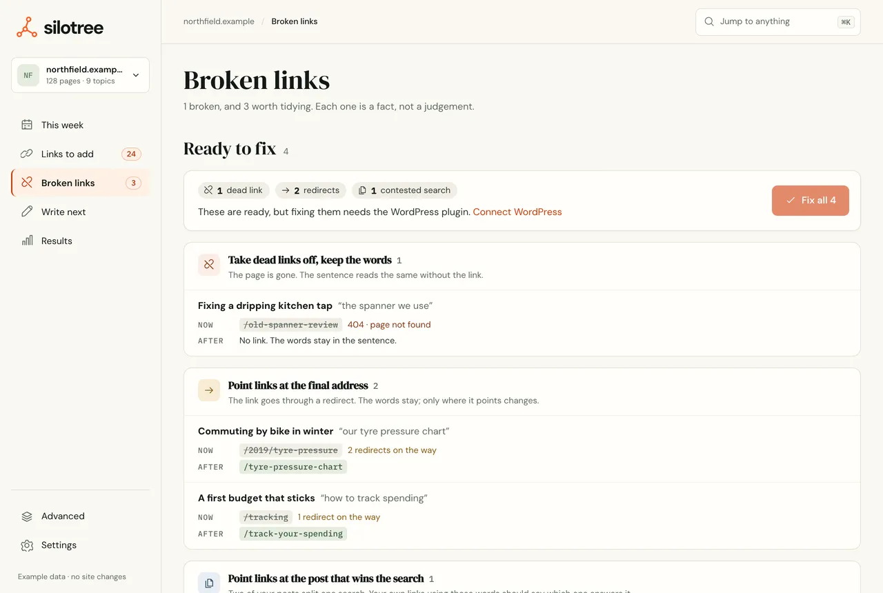 Broken links with the fixes listed and a note that fixing them needs the WordPress plugin, with a Connect WordPress button