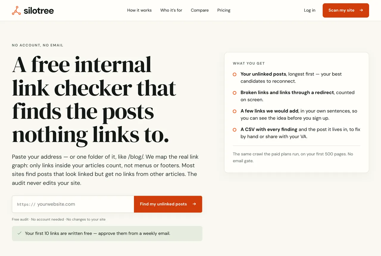 The free link checker: an address field with https:// in front of it and an orange Find my unlinked posts button