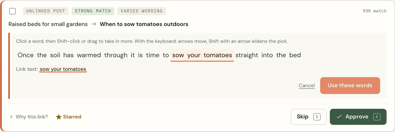 A link card in Change words mode: each word of the sentence can be picked, sow your tomatoes is highlighted as the link text, with Cancel and Use these words buttons