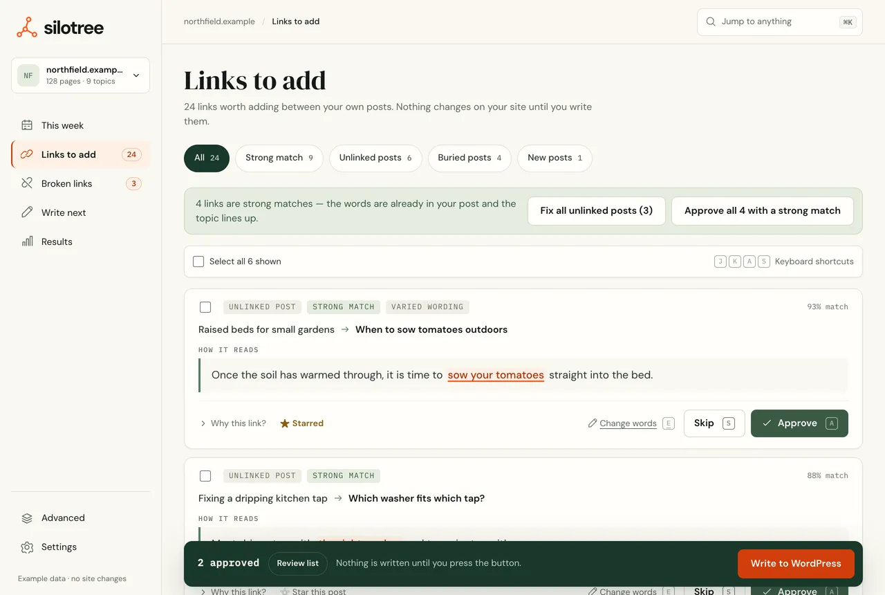 Links to add: filter pills, a banner offering to approve all strong matches, and link cards each showing the sentence with the linked words highlighted, with Skip and Approve buttons