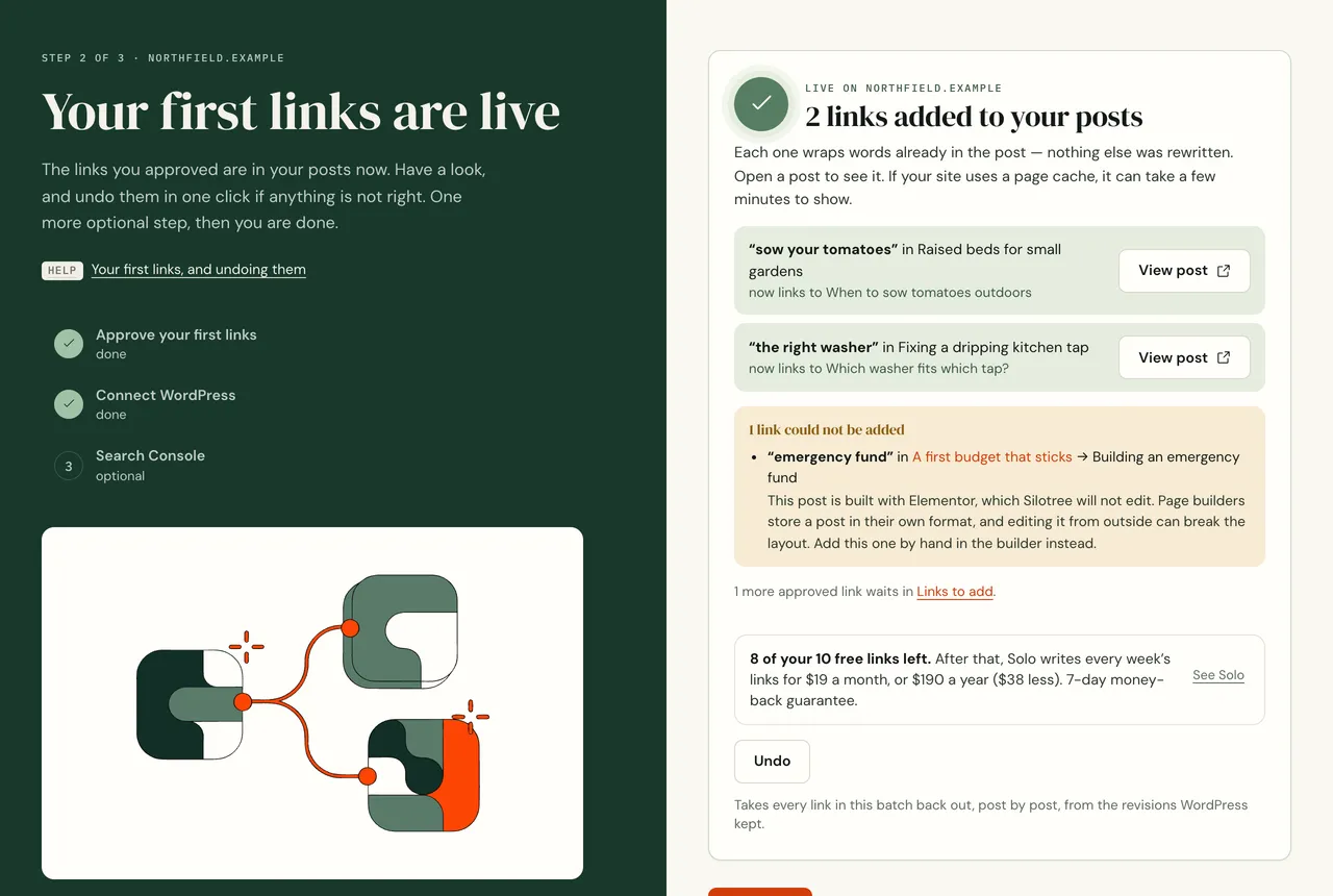 The first links panel with one link refused, and a plain-language reason that the post is built with a page builder