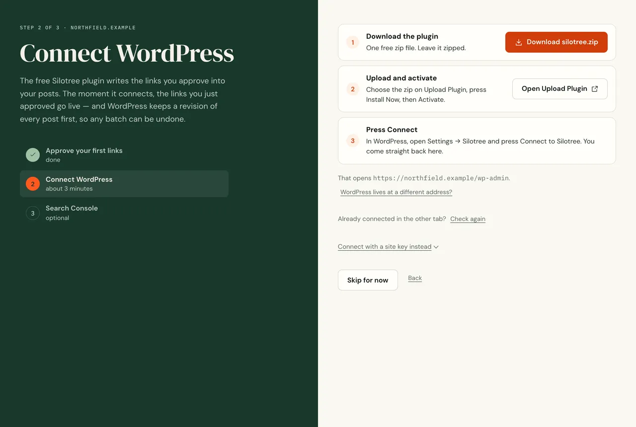 Step 2 of 3, Connect WordPress: three numbered steps — download the plugin, upload and activate, press Connect — each with a button