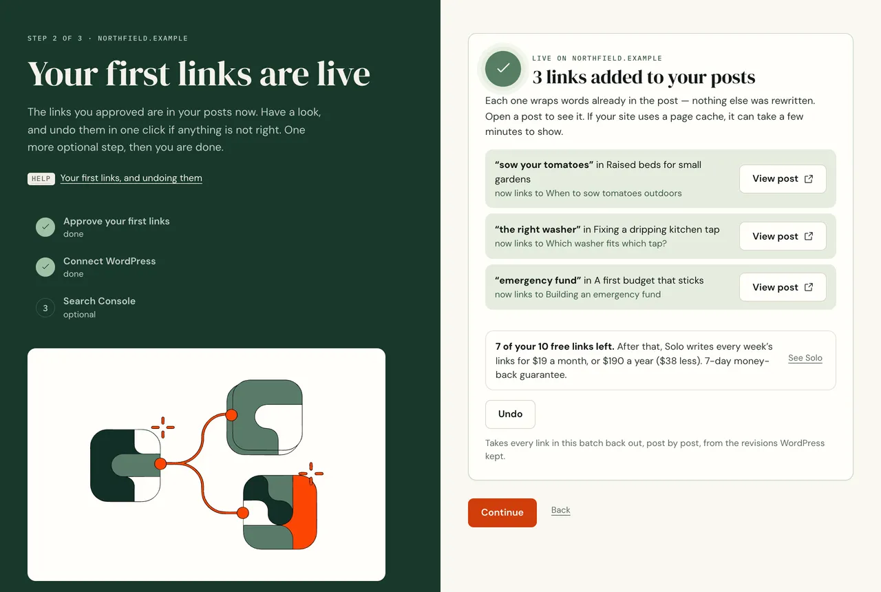 Your first links are live: a list of links added to posts, each with a View post button, and an Undo button below