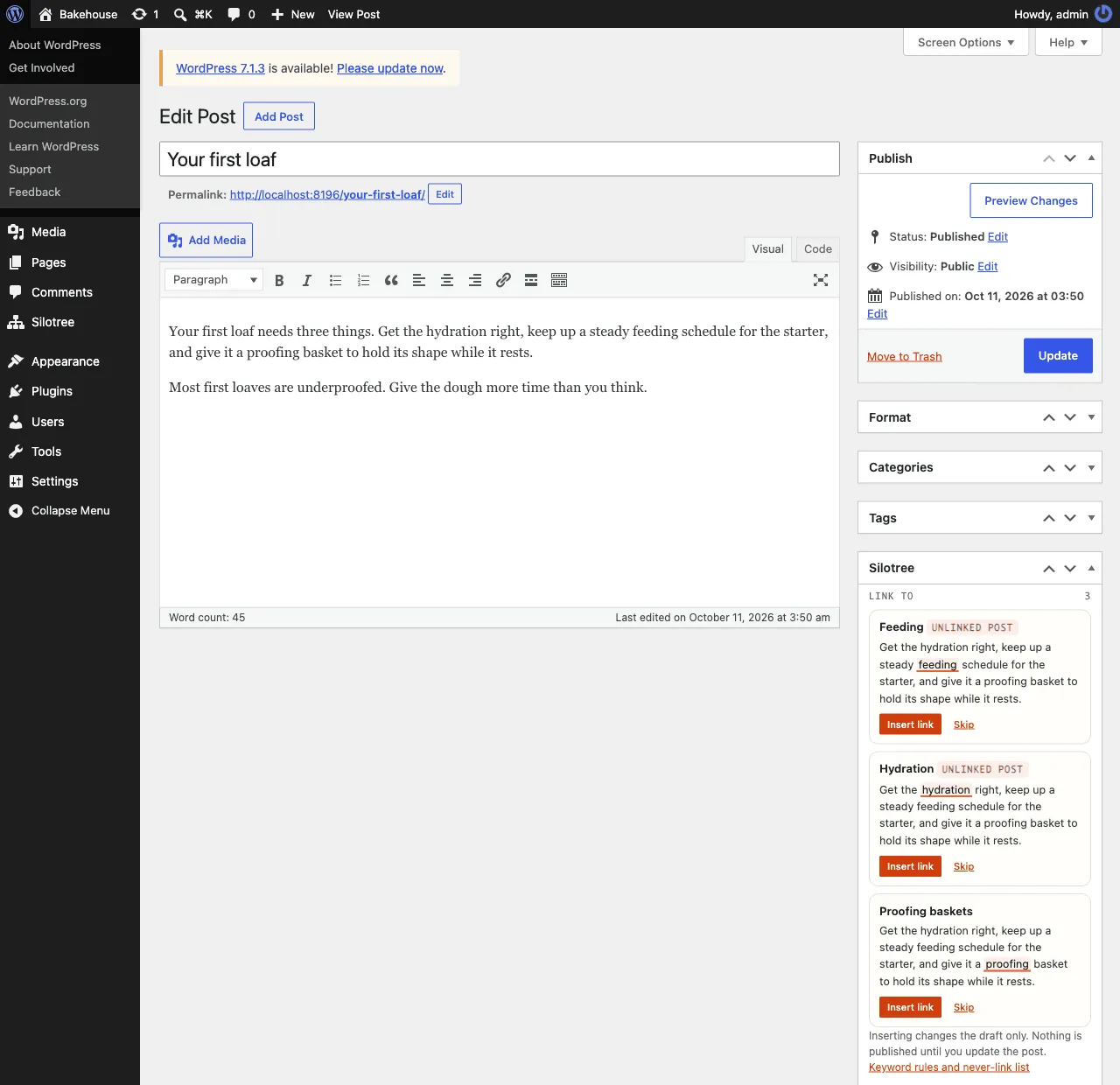 The Classic Editor with the Silotree box in the side column, listing three posts to link to, each with the sentence, Insert link and Skip