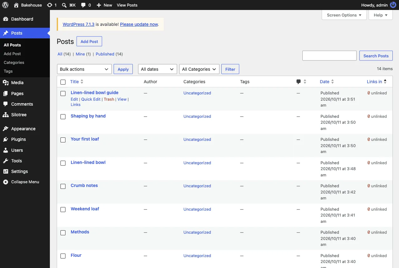 The WordPress posts list with a sortable Links in column showing 0 unlinked for each post, and a Links action under the first post