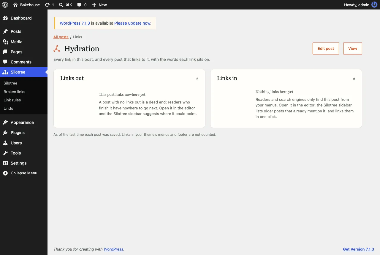 The Links report for a post called Hydration: a Links out card saying the post links nowhere yet and a Links in card saying nothing links here yet