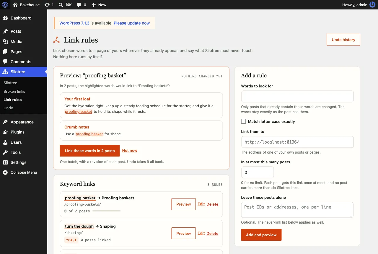 Silotree Link rules in WordPress: a preview of the words proofing basket in two posts, a Link these words in 2 posts button, a list of keyword links, and the Add a rule form