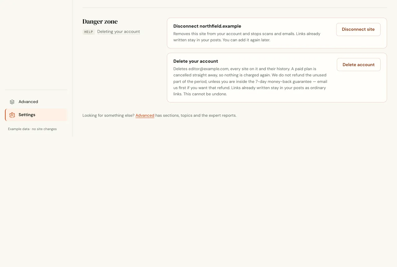 Settings, Danger zone: Disconnect site, and Delete your account with a description of what is deleted and a Delete account button
