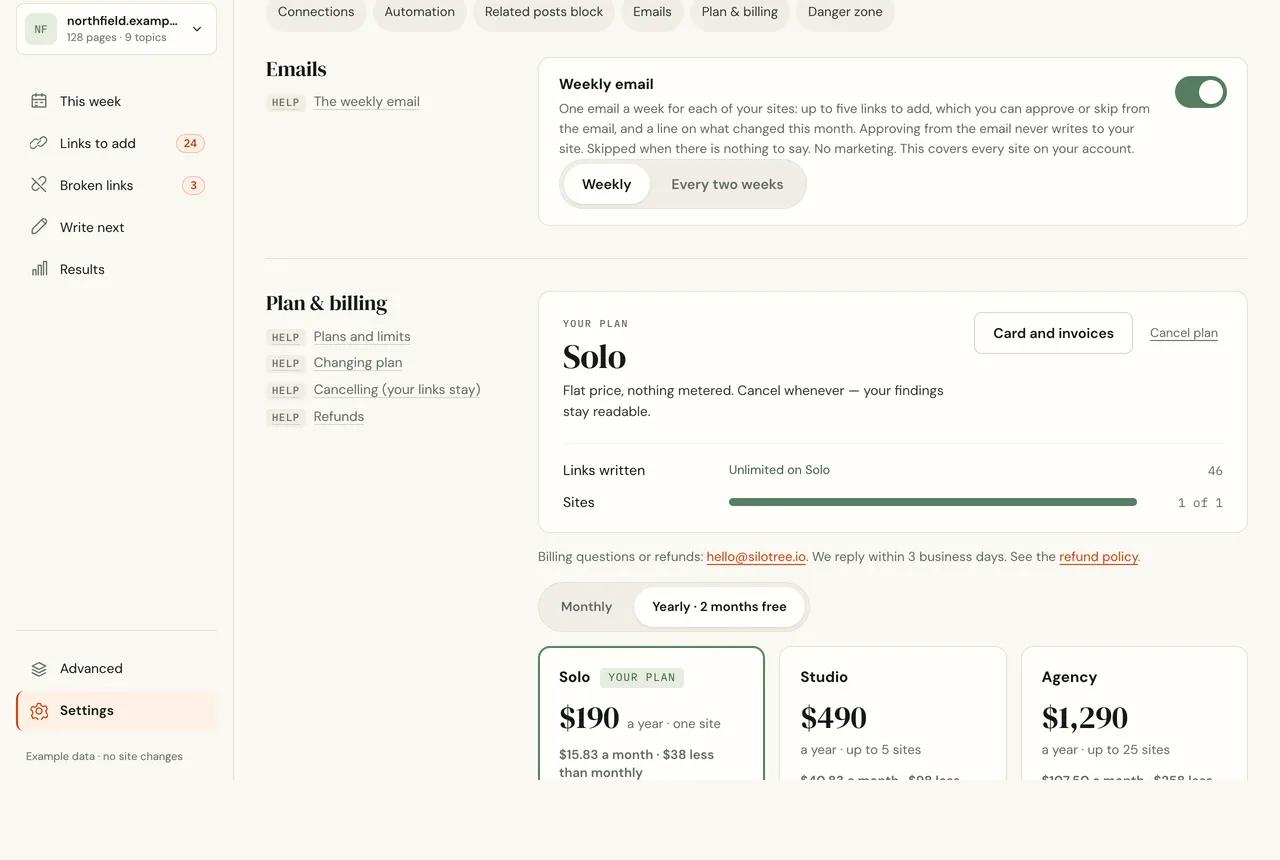 Settings, Emails: the weekly email switch with Weekly and Every two weeks options