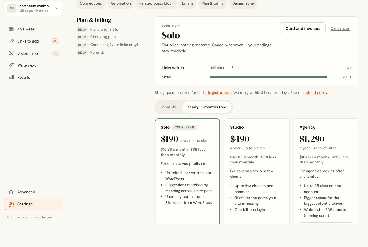Settings, Plan and billing on a paid plan: links written unlimited, sites used, the plan picker, and Card and invoices and Cancel plan buttons
