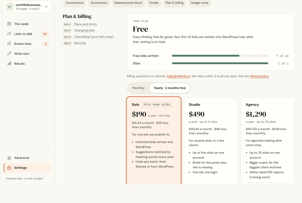 Settings, Plan and billing on the free plan: free links written 3 of 10, sites 1 of 1, and the plan picker offering Solo, Studio and Agency