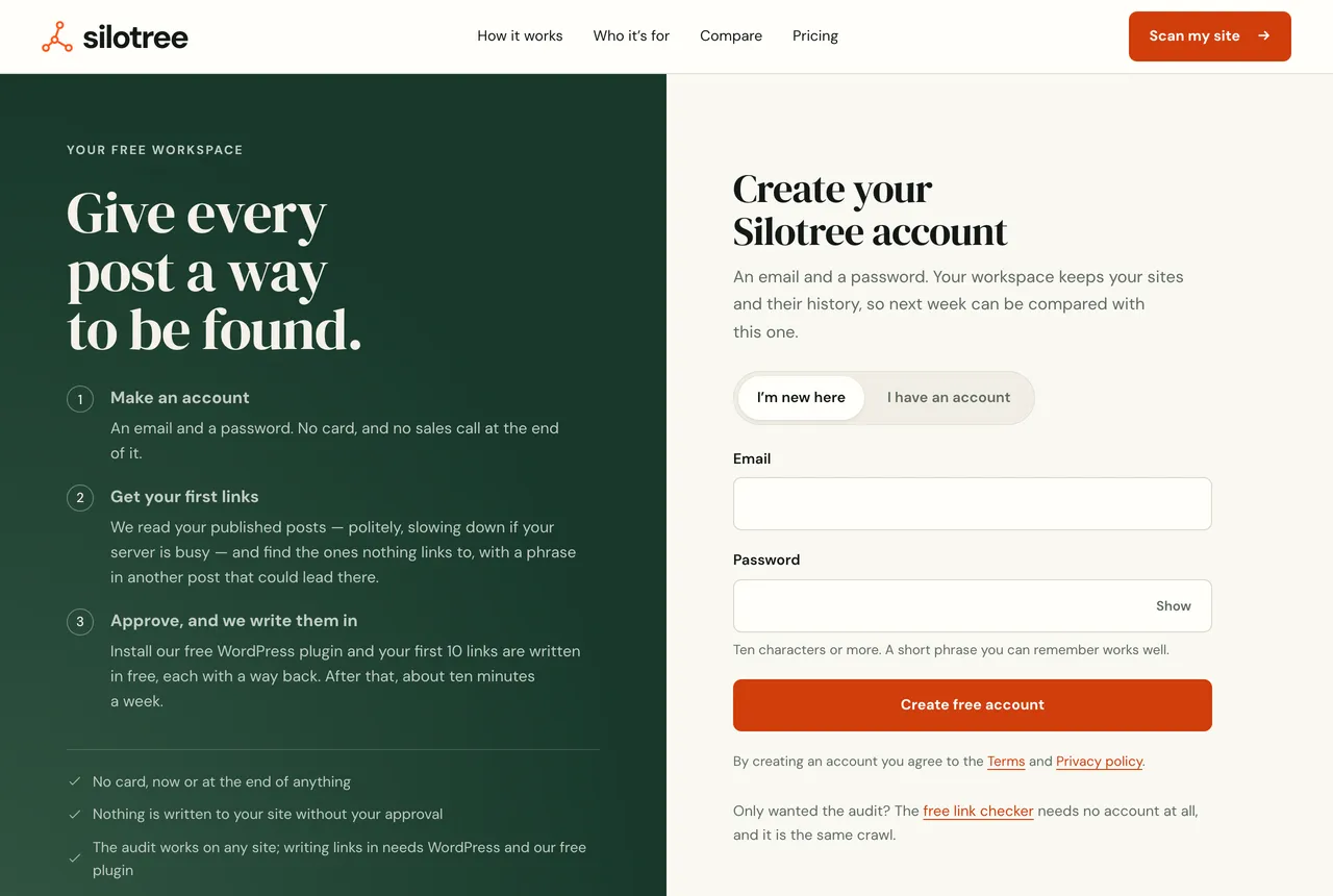 The Silotree sign-up page: an email and password form beside a panel listing three steps — make an account, get your first links, approve and we write them in